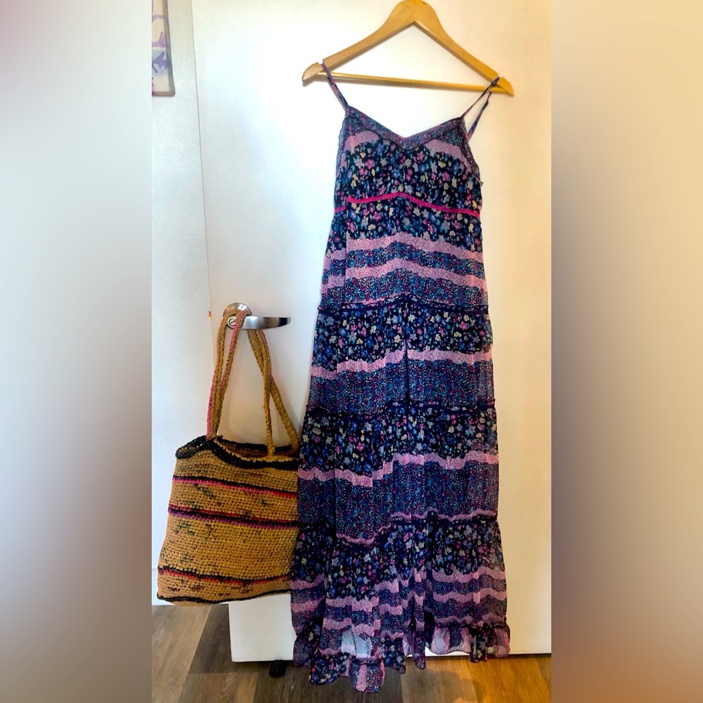 Patrons of Peace ANTHROPOLOGIE Navy Lined Maxi with Floral Trim